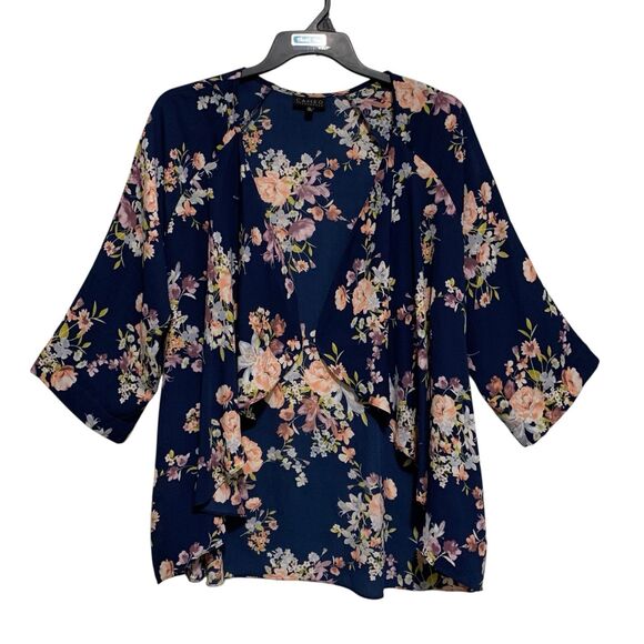 Cameo Tops - Cameo Kimono Open Front Womens Size 1X Navy Blue Floral 3/4 Sleeve Semi-Sheer
